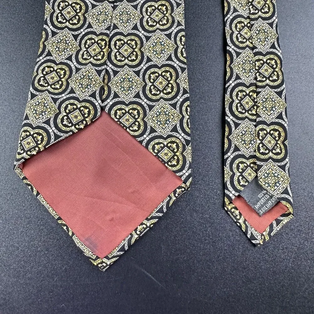 Christian Dior Silk Neck Tie Men Geometric Medallion Black Yellow Made in Canada